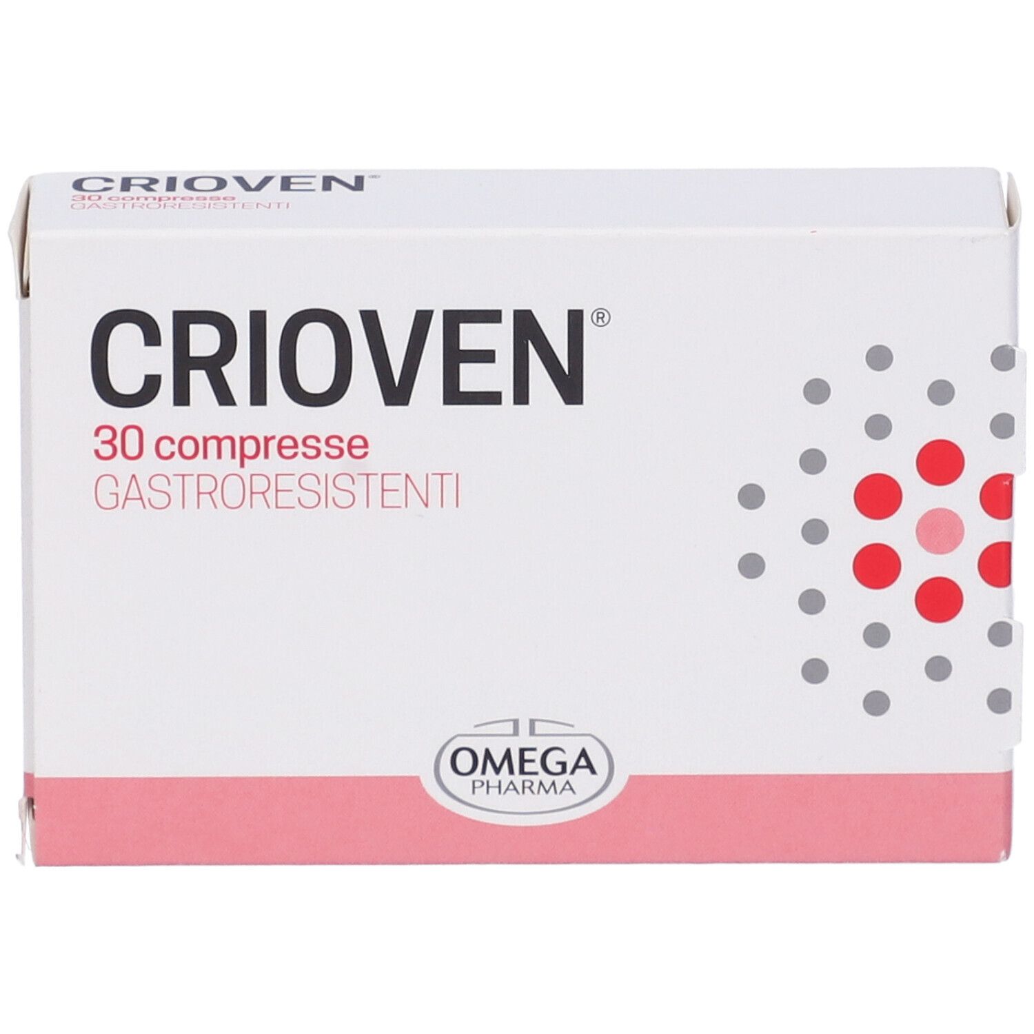 Boîte "Crioven" de 30 comprimés. Marque Omega Pharma. Emballage blanc avec accent rouge. Inscription du nom du produit.
