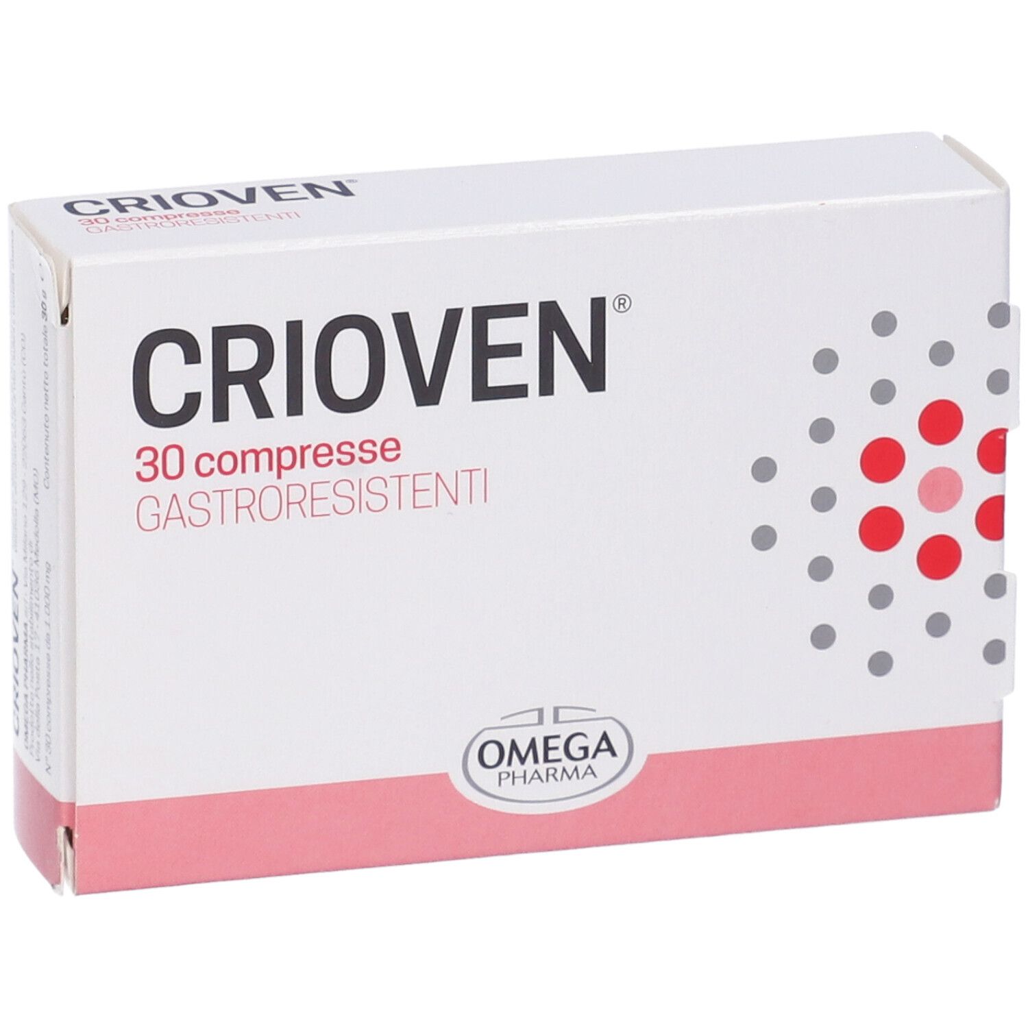 Boîte "Crioven" de 30 comprimés. Marque Omega Pharma. Emballage blanc avec accent rouge. Nom du produit et logo.