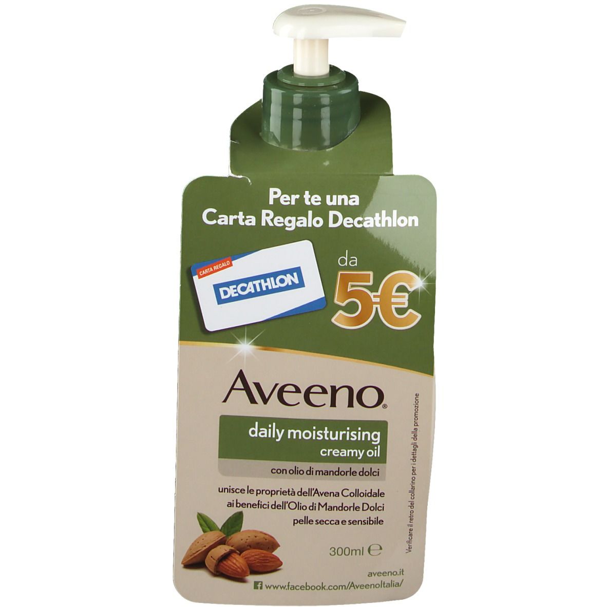 Cremeöl-Spenderflasche mit Etikett. Aufschrift: Aveeno, Daily Moisturising Creamy Oil. Mandeln abgebildet.