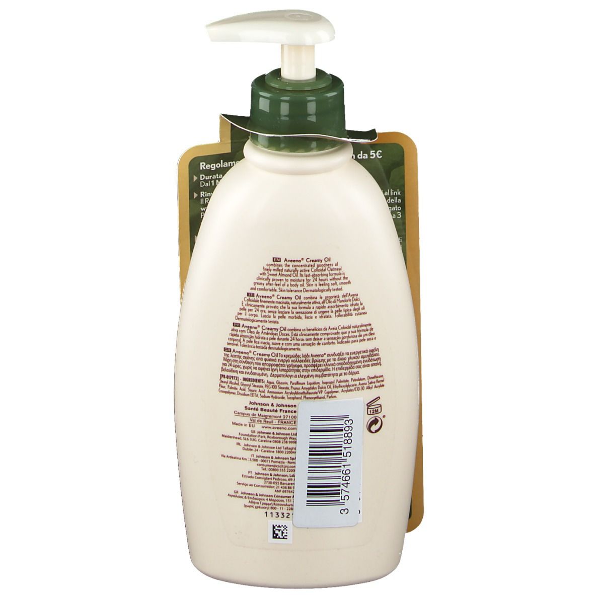 Rückseite der Cremeöl-Spenderflasche. Text und Barcode auf dem Etikett. Grüner Deckel mit Pumpe.