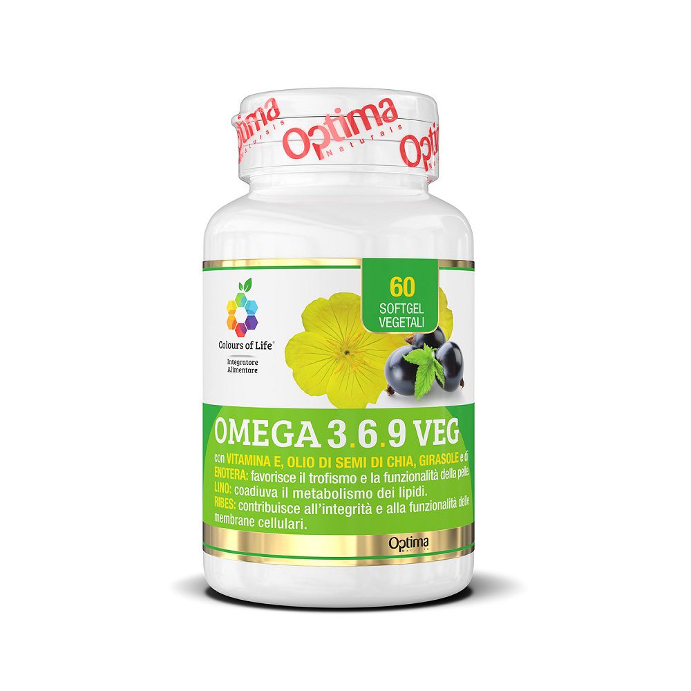 Weiße Flasche mit 60 vegetarischen Softgel-Kapseln Omega 3.6.9 Veg.