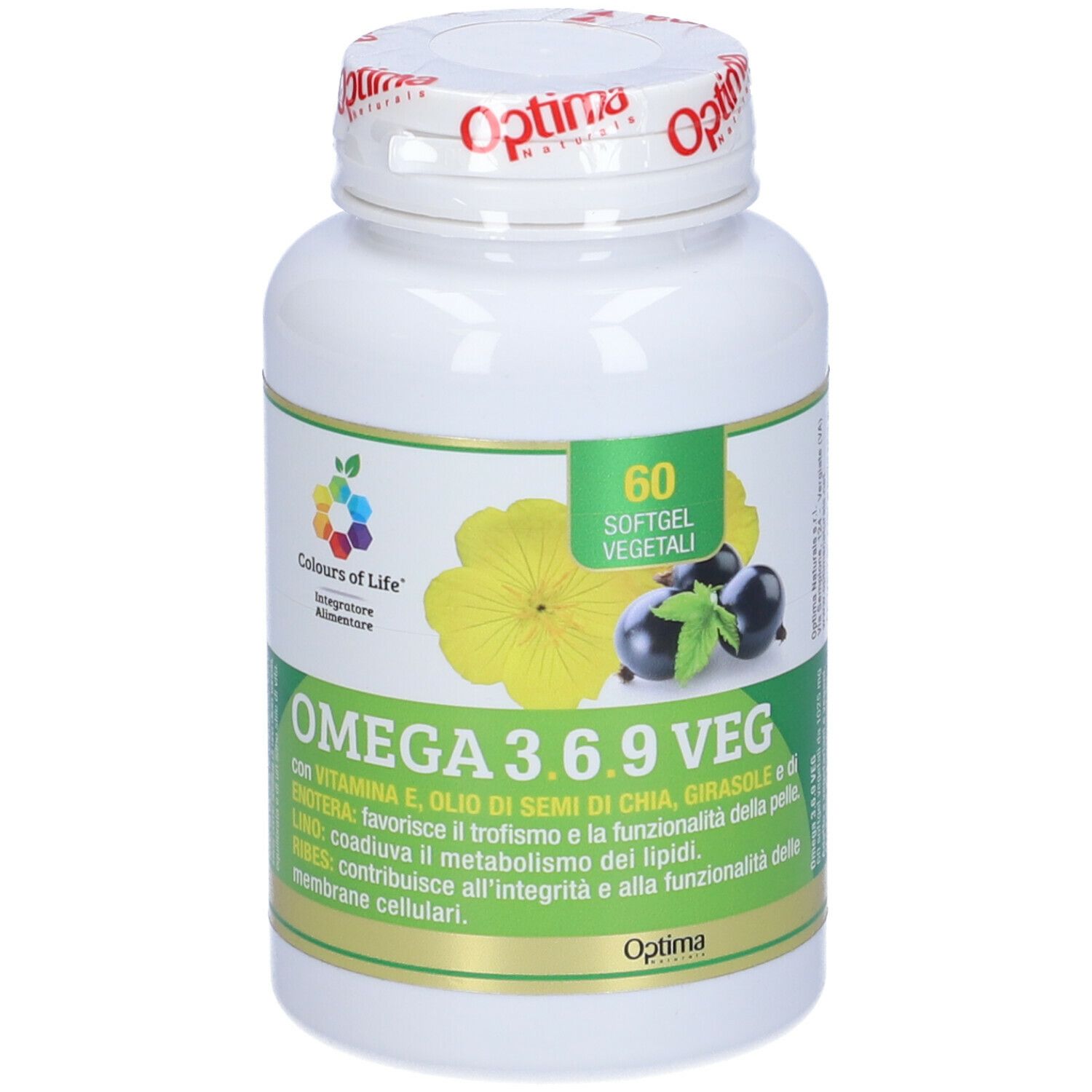 Weiße Flasche mit Kapseln. Aufschrift: OMEGA 3.6.9 VEG, 60 Softgel vegetali. Optima Naturals Logo.