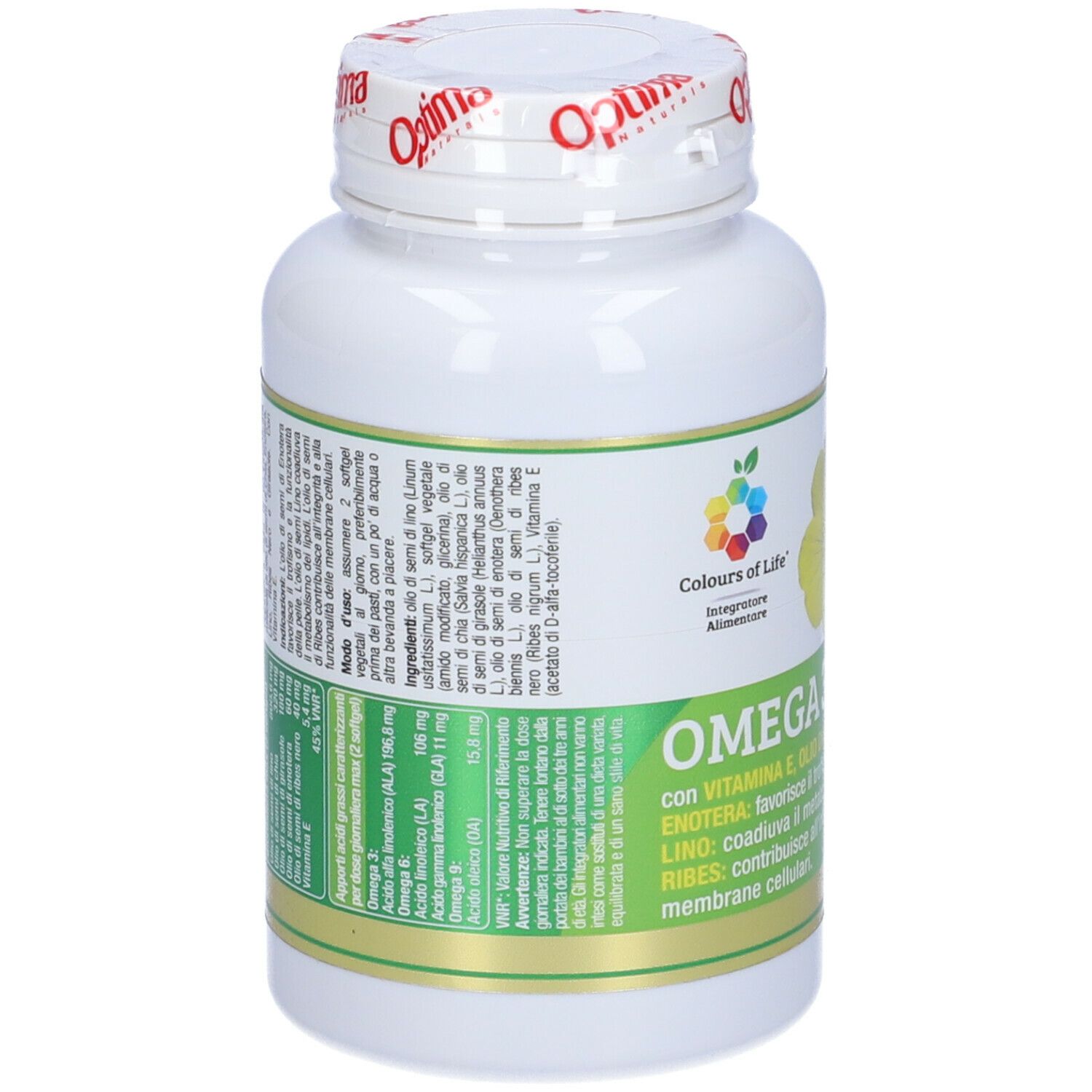 Weiße Flasche mit Kapseln. Aufschrift: OMEGA 3.6.9 VEG. Text in italienischer Sprache. Optima Naturals Logo.