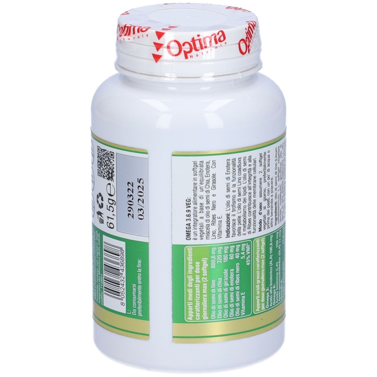 Weiße Flasche mit Kapseln. Aufschrift: OMEGA 3.6.9 VEG. Text in italienischer Sprache. Mindesthaltbarkeitsdatum.