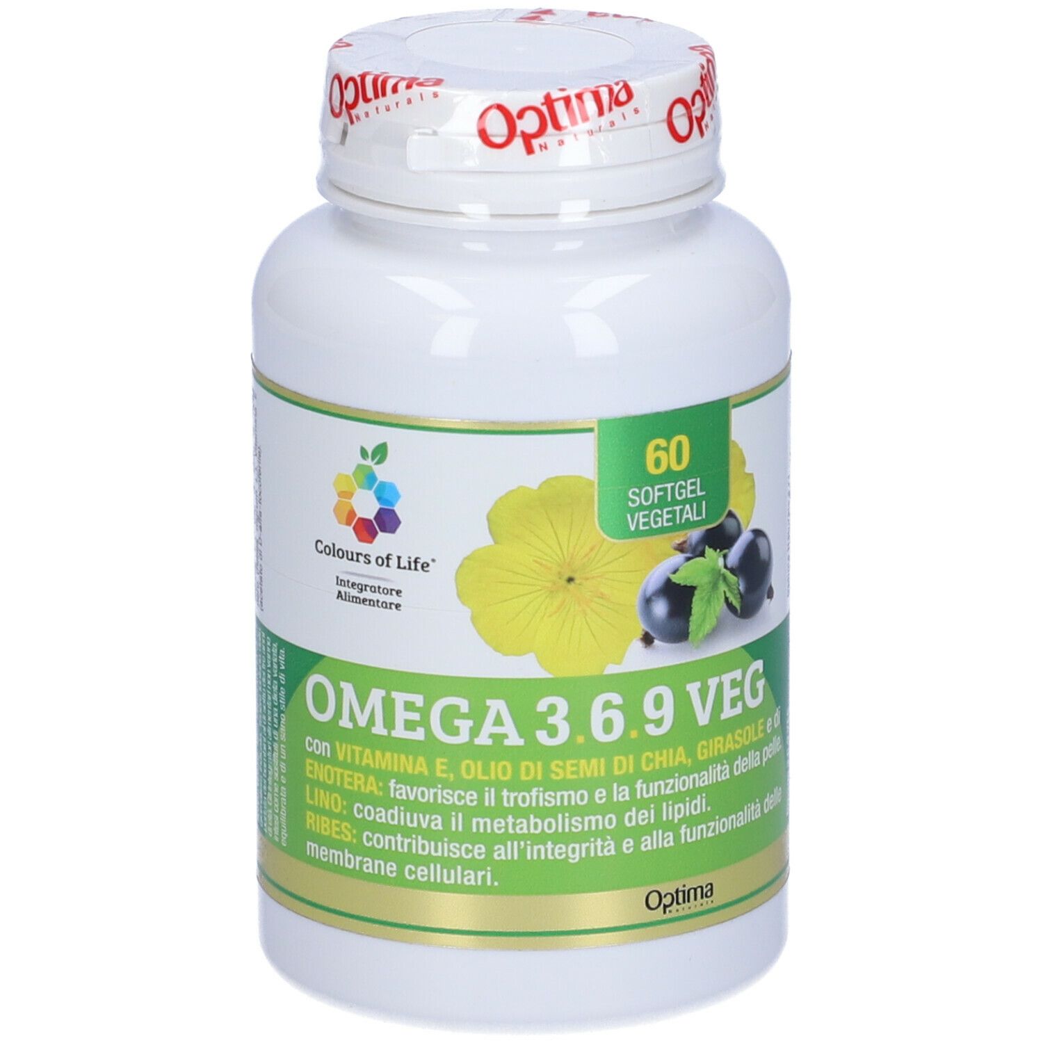 Weiße Flasche mit Kapseln. Aufschrift: OMEGA 3.6.9 VEG, 60 Softgel vegetali. Optima Naturals Logo.