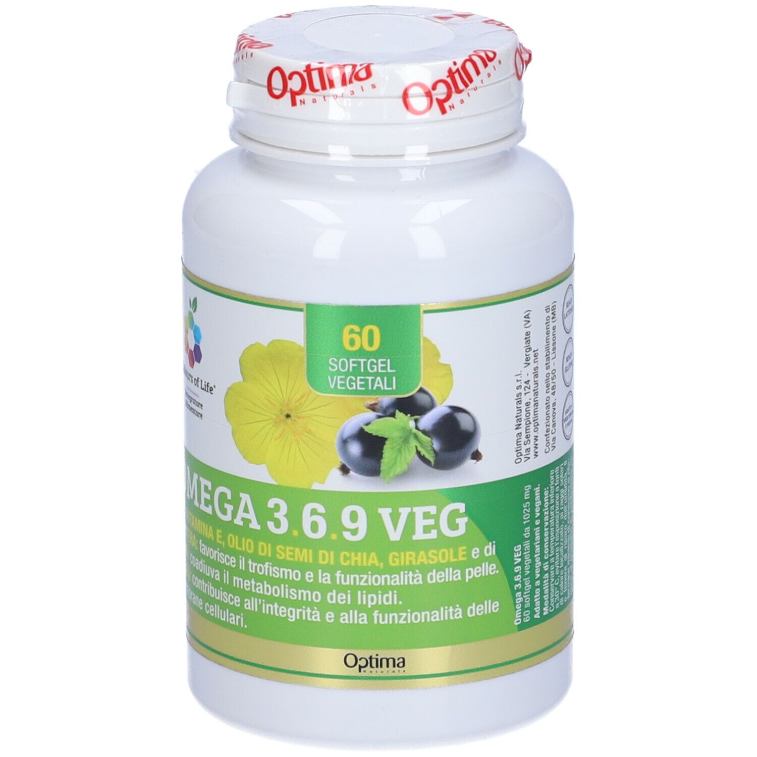 Weiße Flasche mit Kapseln. Aufschrift: OMEGA 3.6.9 VEG, 60 Softgel vegetali. Optima Naturals Logo.