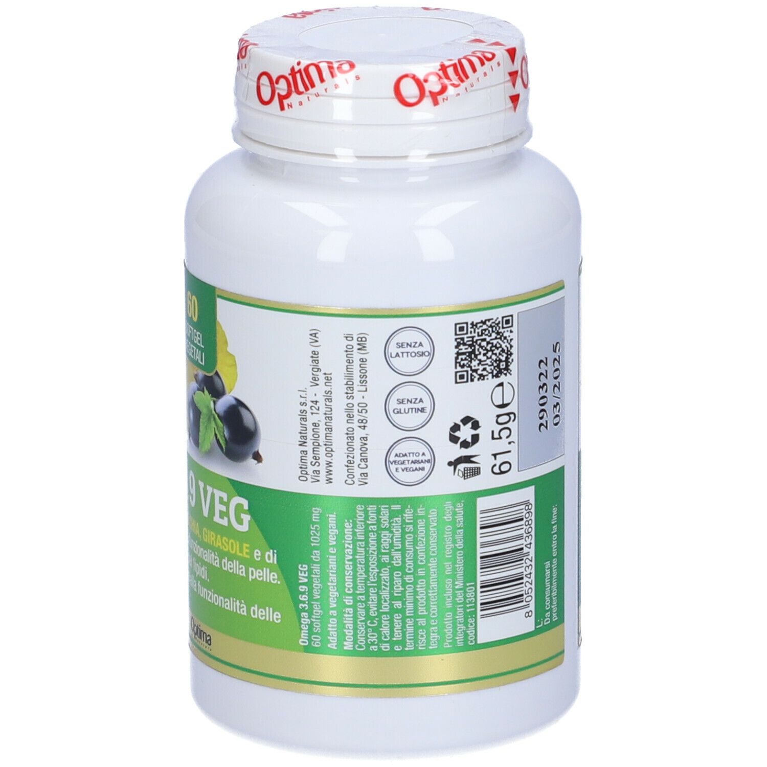 Weiße Flasche mit Kapseln. Aufschrift: OMEGA 3.6.9 VEG. Text in italienischer Sprache. Glutenfrei-Symbol.