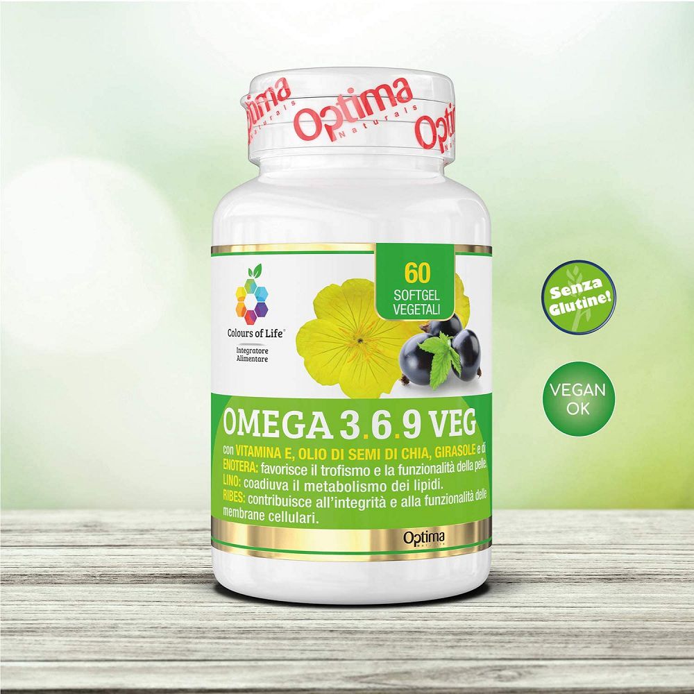Flasche Omega 3.6.9 Veg mit Siegeln 'Ohne Gluten' und 'Vegan OK'.