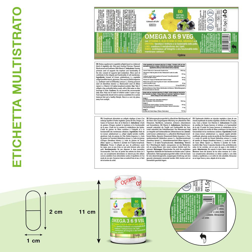 Etikett mit Nährwertangaben und Abmessungen einer Omega 3.6.9 Veg Kapsel.