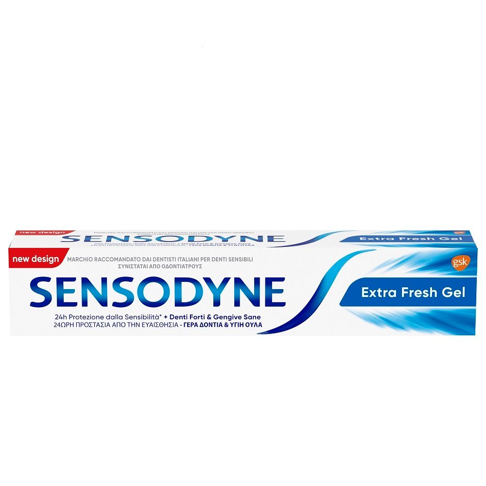 Tube de dentifrice SENSODYNE Extra Fresh Gel. Emballage blanc et bleu avec nom du produit et texte. Inscription : Protection 24h contre la sensibilité.