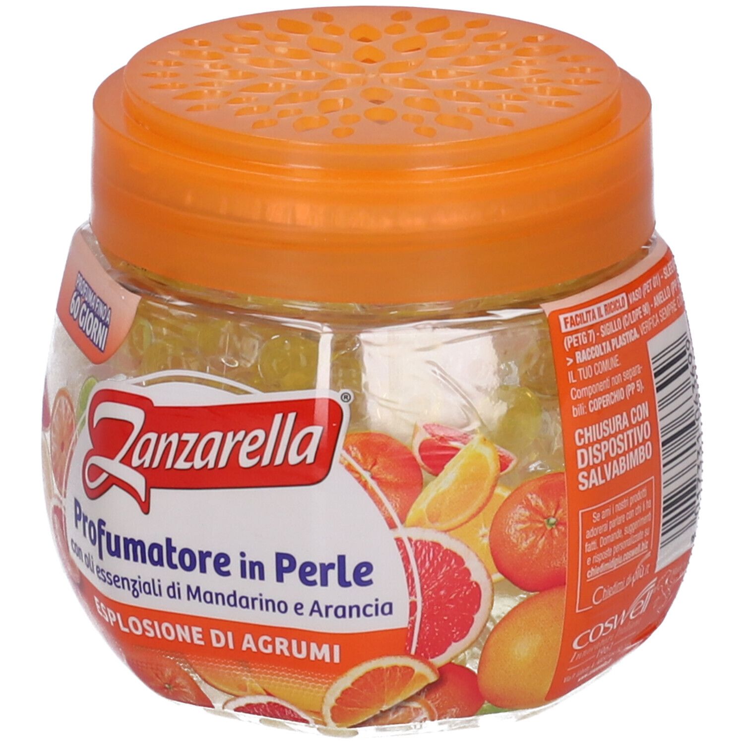 Behälter mit orangefarbenem Deckel. Aufschrift: Zanzarella, Profumatore in Perle, Explosion von Zitrusfrüchten. Mit Sicherheitsverschluss.