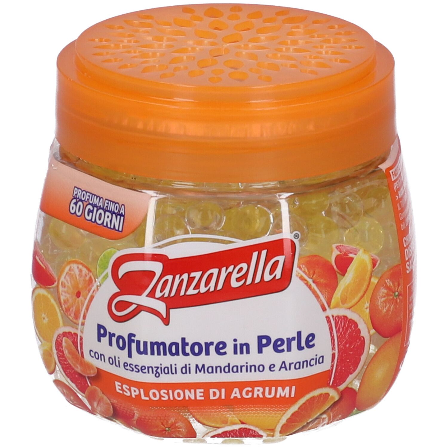 Behälter mit orangefarbenem Deckel und Perlen. Aufschrift: Zanzarella, Profumatore in Perle, Explosion von Zitrusfrüchten.