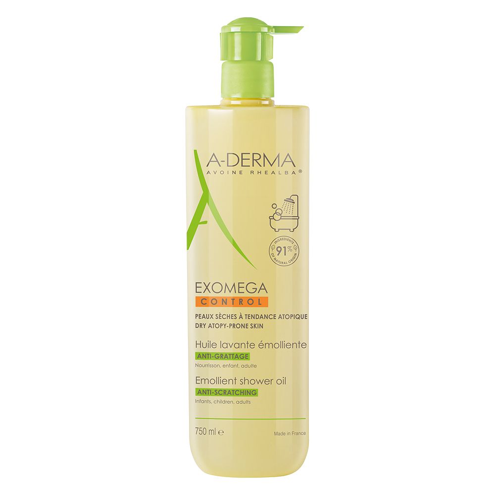 Beige Flasche mit grünem Pumpkopf. Aufschrift A-DERMA, EXOMEGA CONTROL. Text in Französisch und Englisch. 750 ml.