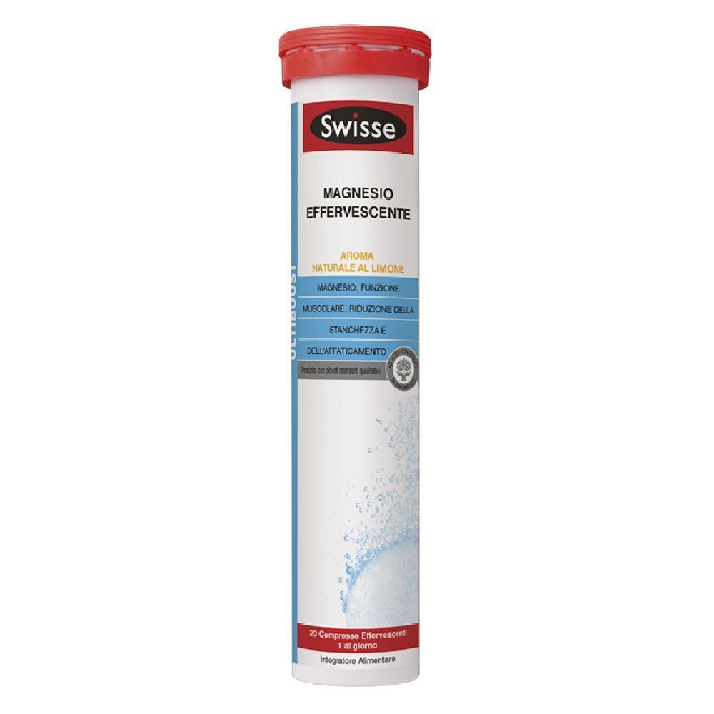 Emballage cylindrique avec couvercle rouge. Inscription : Swisse, Magnesio Effervescente. Contient des comprimés effervescents.