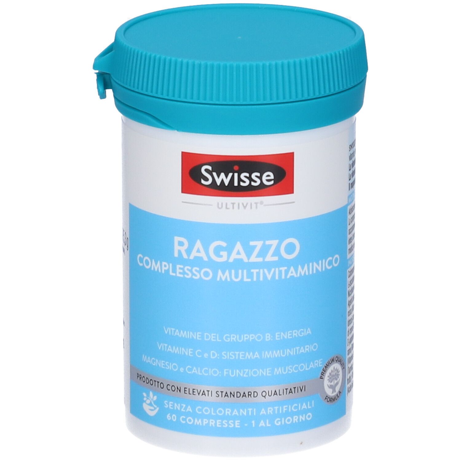 Swisse Multivitaminico Ragazzo. Boîte blanche, couvercle bleu. Étiquette avec informations et logo du produit.