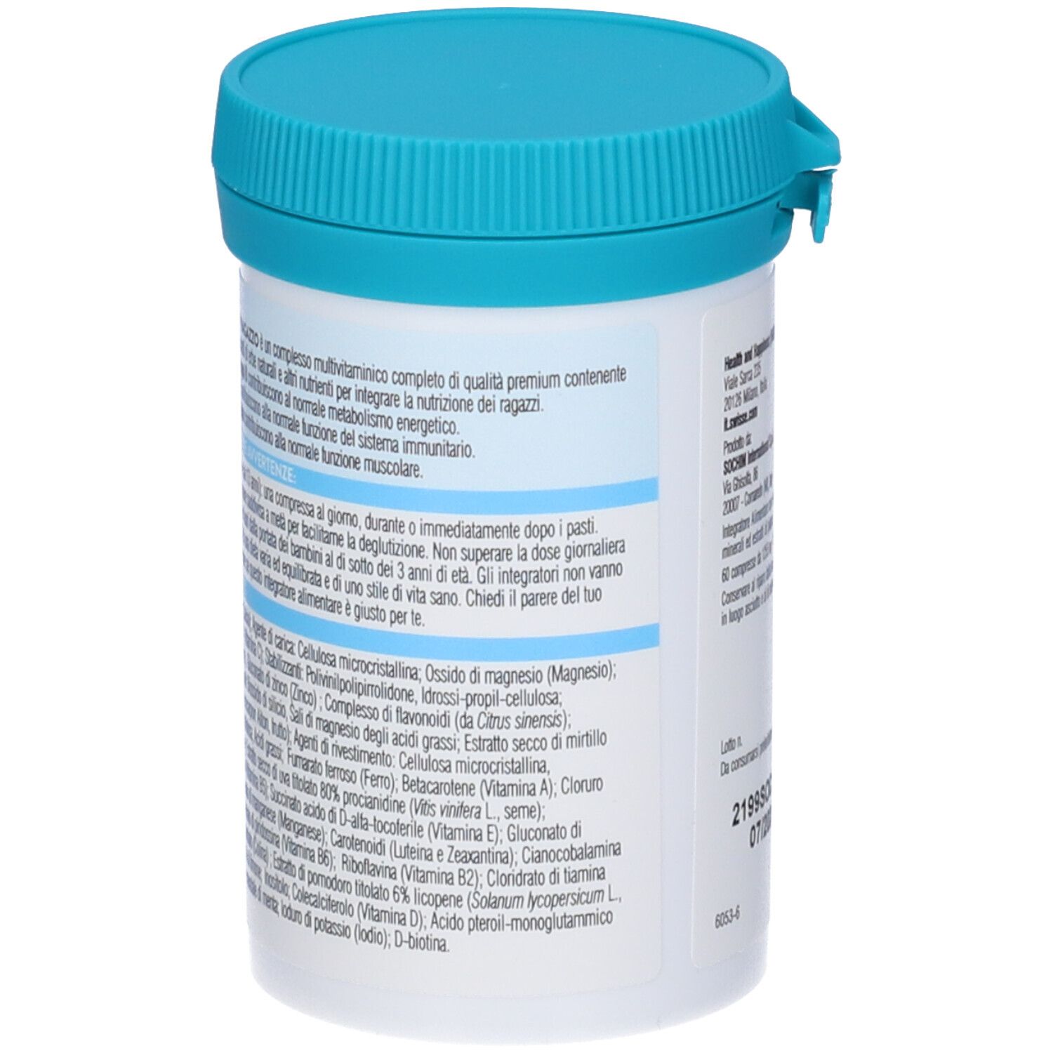 Dos de la boîte Swisse Multivitaminico Ragazzo. Contient ingrédients et informations fabricant.