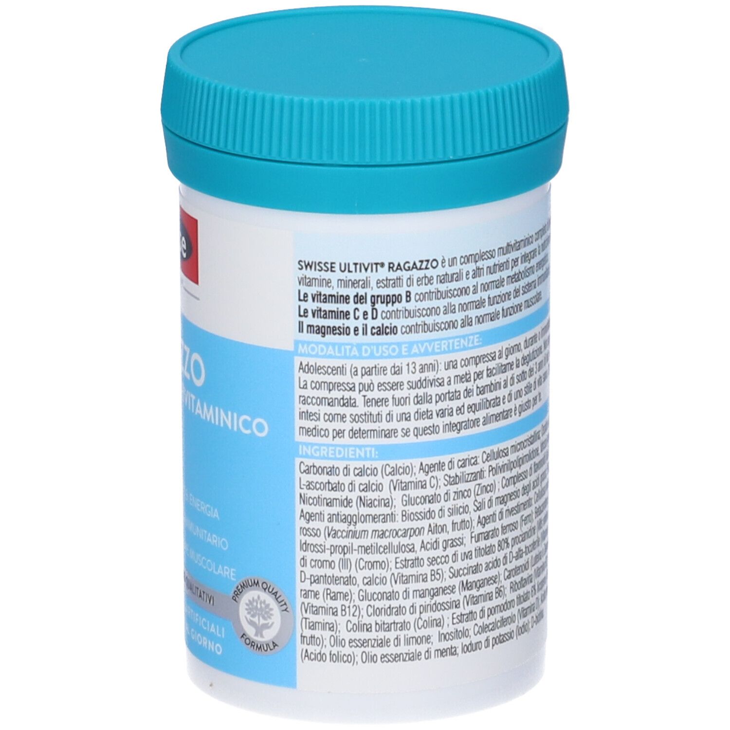Dos de la boîte Swisse Multivitaminico Ragazzo. Contient ingrédients et avertissements.