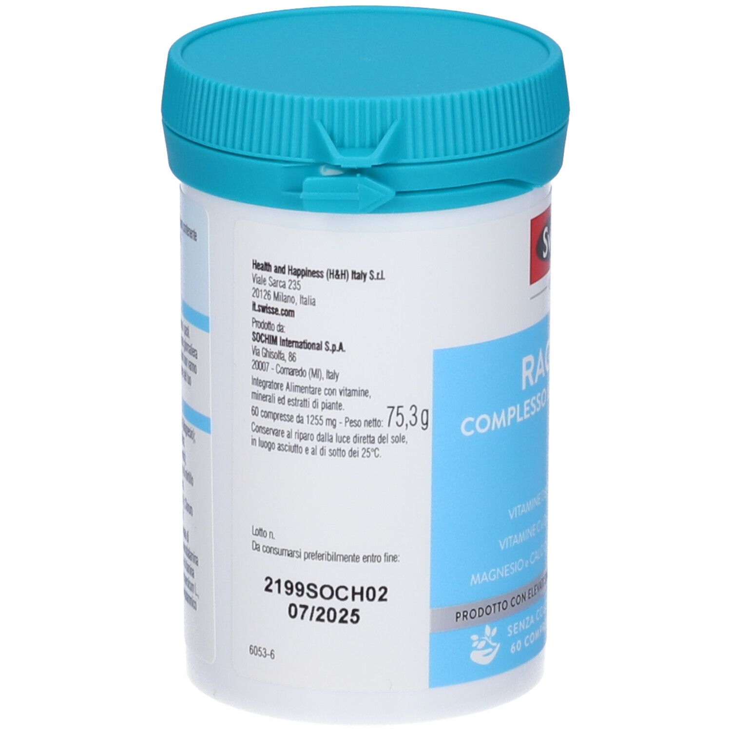 Dos de la boîte Swisse Multivitaminico Ragazzo. Contient informations fabricant et numéro de lot.