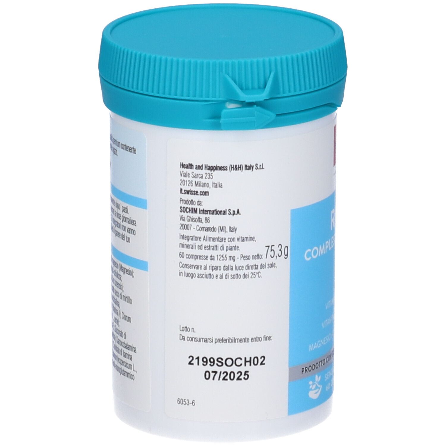 Dos de la boîte Swisse Multivitaminico Ragazzo. Informations fabricant et numéro de lot.