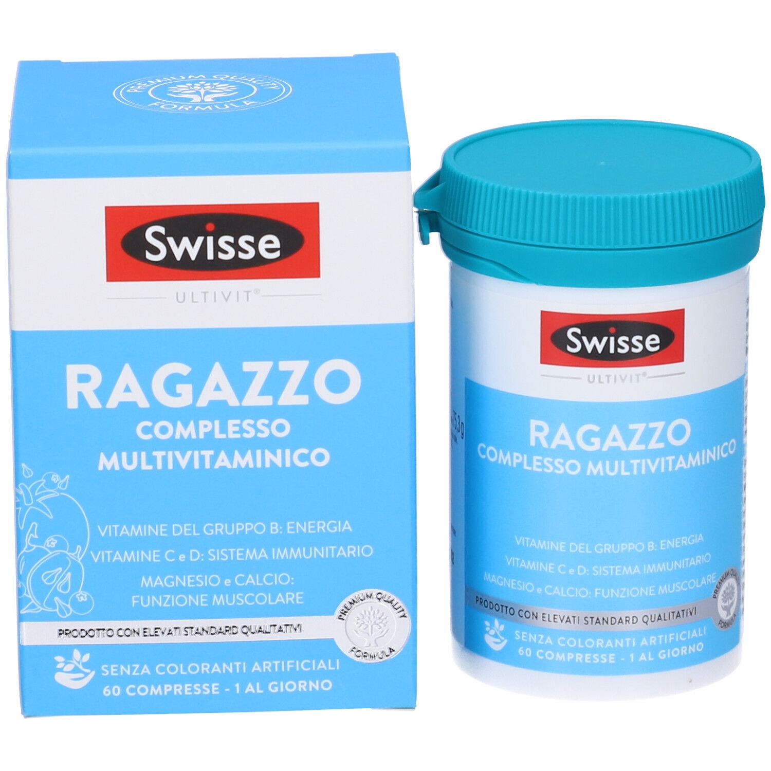 Boîte et flacon Swisse Multivitaminico Ragazzo. Informations produit et logo.