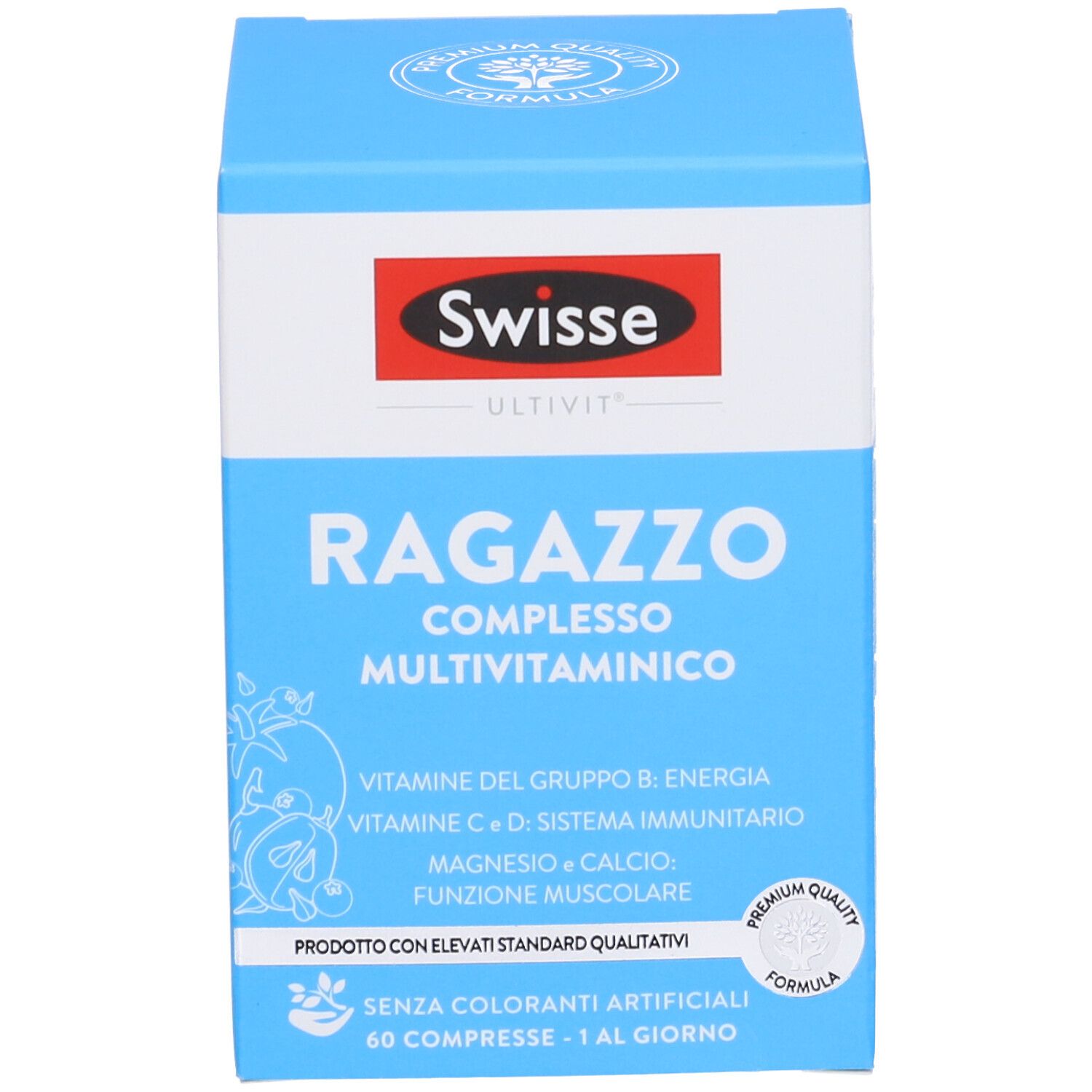 Boîte Swisse Multivitaminico Ragazzo. Boîte bleue avec informations et logo.