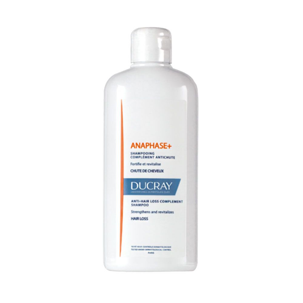 Weiße Shampoo-Flasche mit Klappverschluss. Aufschrift: ANAPHASE+ Shampoo, Ducray.