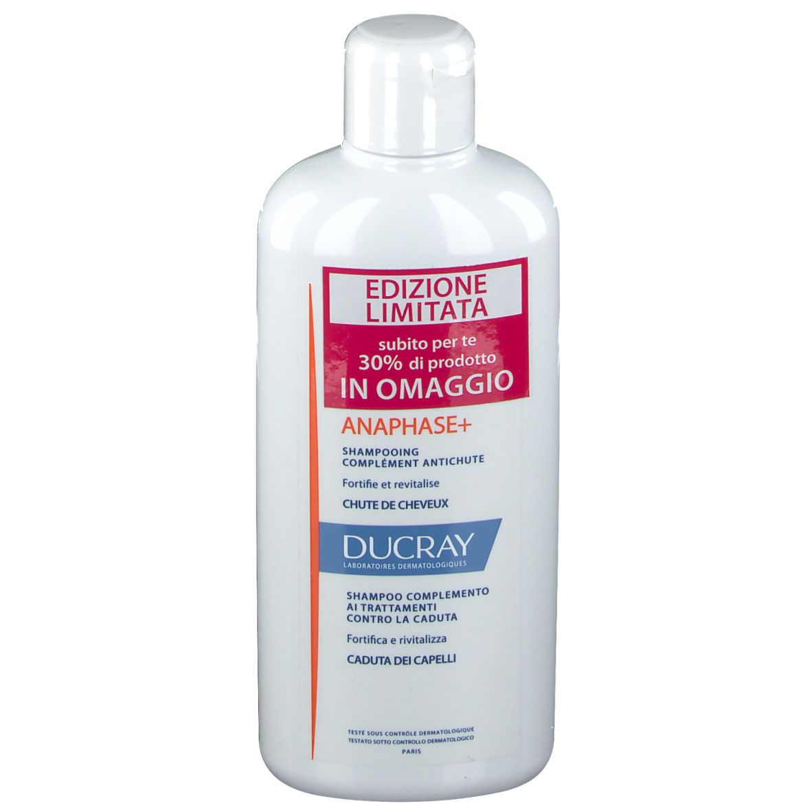 Weiße Shampoo-Flasche mit rotem Etikett. Aufschrift: Edizione Limitata, ANAPHASE+ Shampoo, Ducray.
