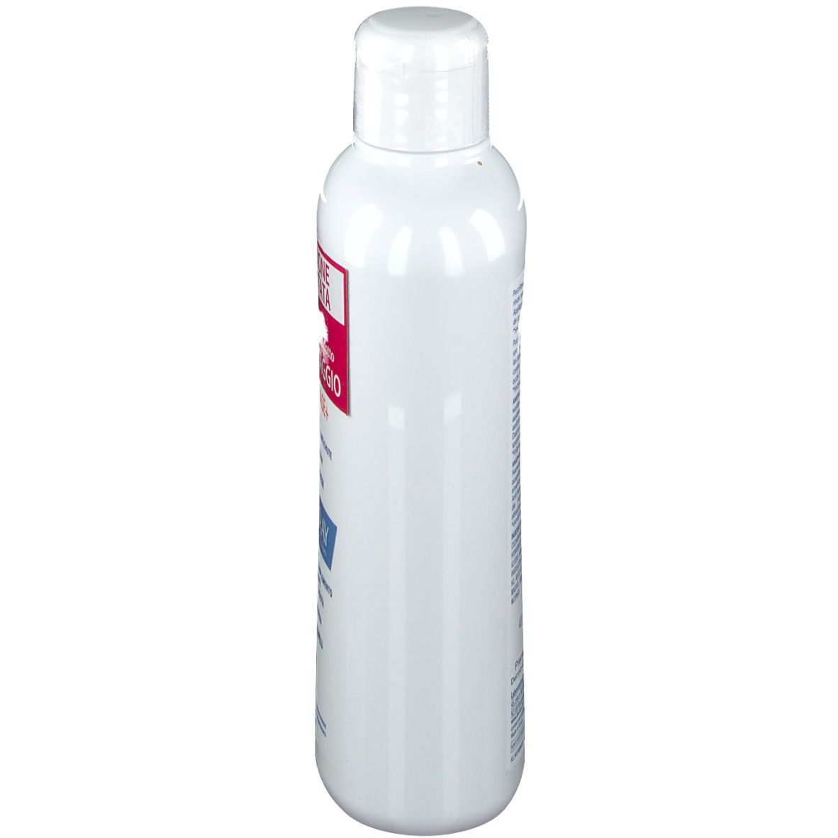 Weiße Shampoo-Flasche, Seitenansicht. Aufschrift nicht lesbar.