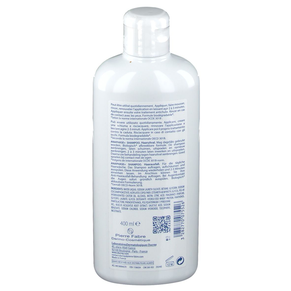 Rückseite einer weißen Shampoo-Flasche. Text in mehreren Sprachen, 400 ml.
