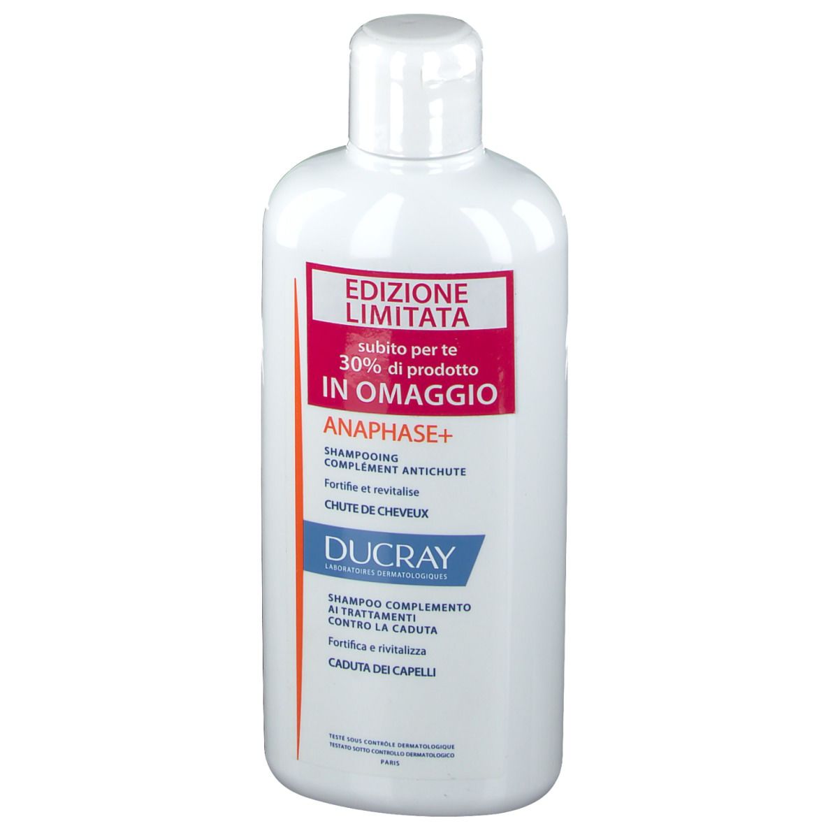 Weiße Shampoo-Flasche mit rotem Etikett. Aufschrift: Edizione Limitata, ANAPHASE+ Shampoo, Ducray.