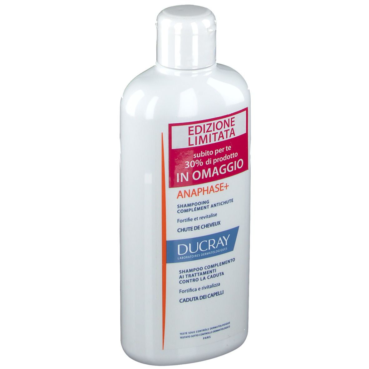 Weiße Shampoo-Flasche mit rotem Etikett. Aufschrift: Edizione Limitata, ANAPHASE+ Shampoo, Ducray.