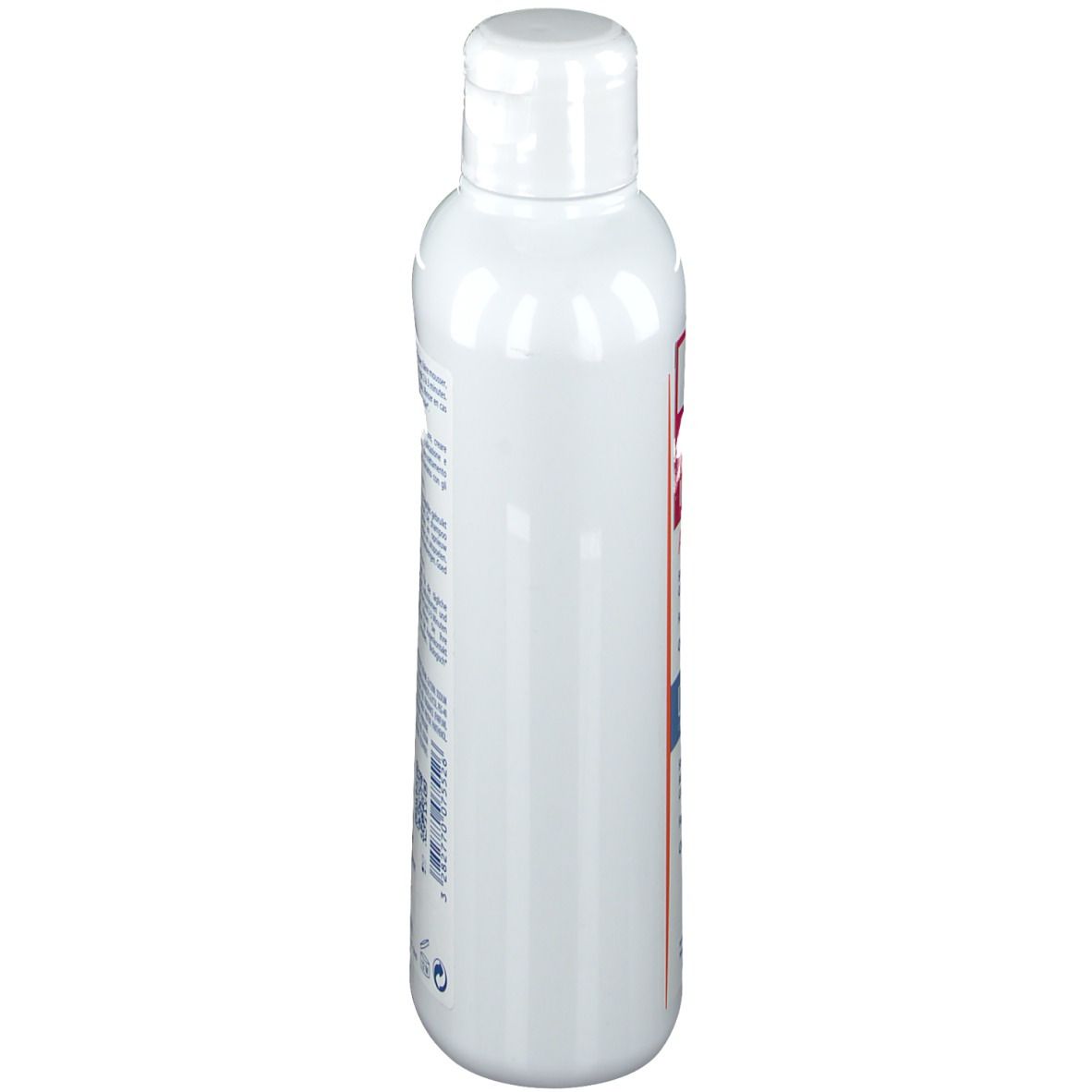 Weiße Shampoo-Flasche, Seitenansicht. Aufschrift nicht lesbar.