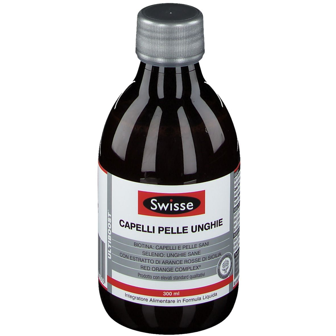 Liquide brun en bouteille à bouchon argenté. Inscription : Swisse, Capelli Pelle Unghie.