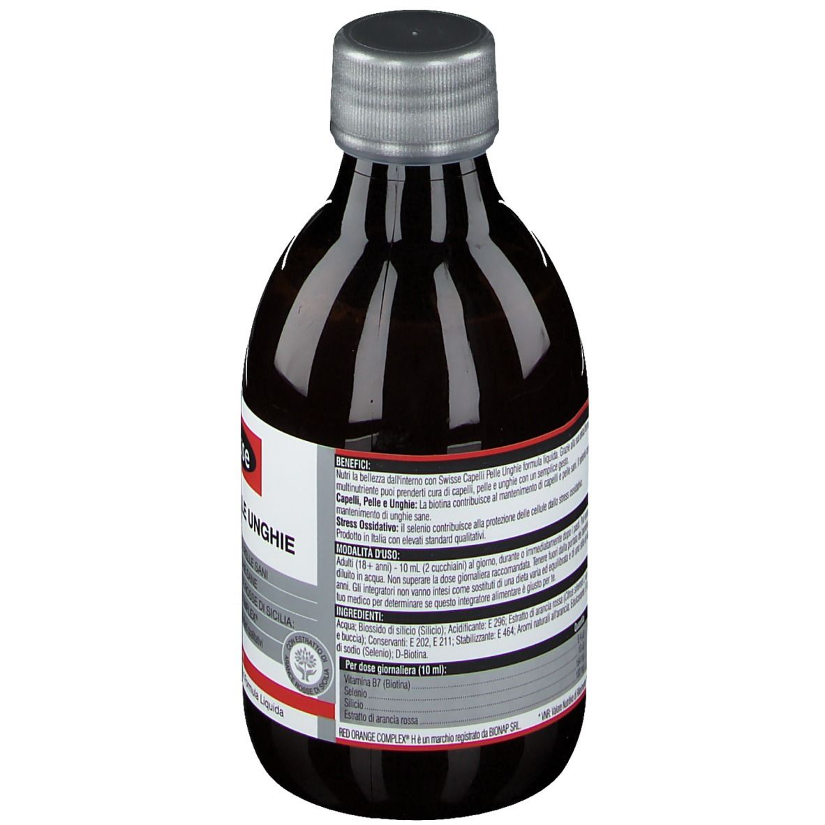 Dos de la bouteille avec texte. Contient des informations sur les ingrédients et la valeur nutritionnelle.