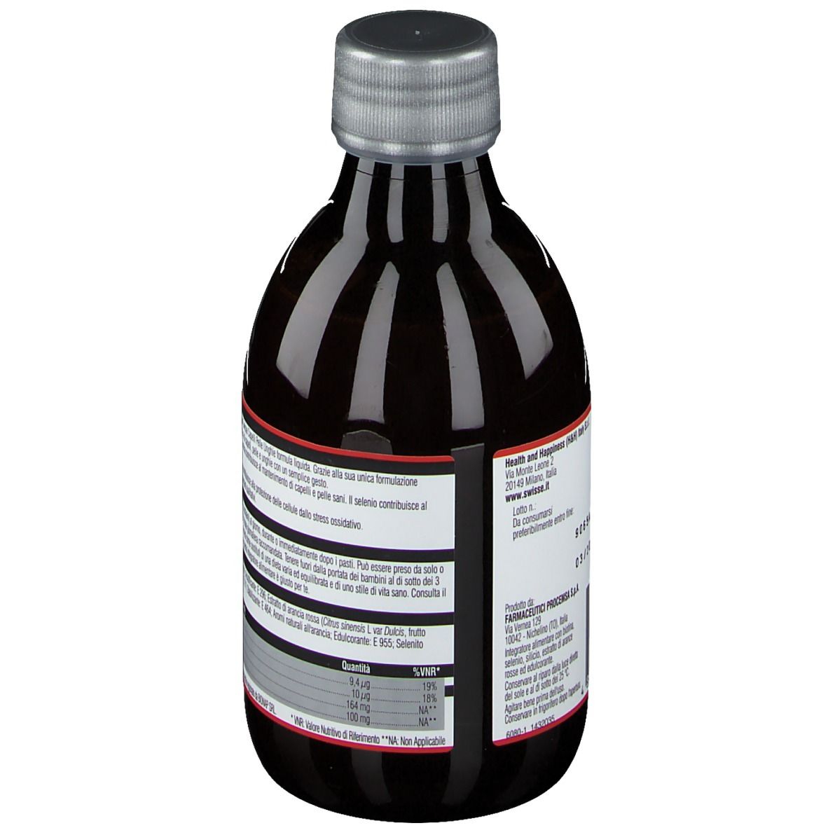 Vue arrière de la bouteille avec texte. Contient des informations sur la marque et les ingrédients.