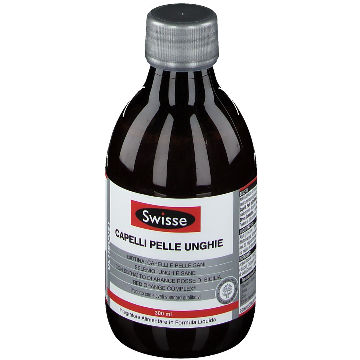 Liquide brun en bouteille à bouchon argenté. Inscription : Swisse, Capelli Pelle Unghie.