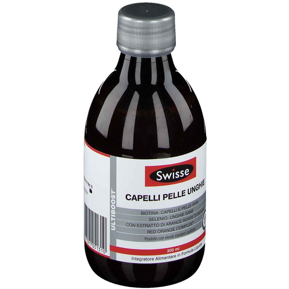 Liquide brun en bouteille à bouchon argenté. Inscription : Swisse, Capelli Pelle Unghie.