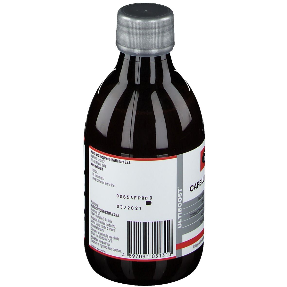 Dos de la bouteille avec texte et code-barres. Contient des informations sur la marque et la date de péremption.