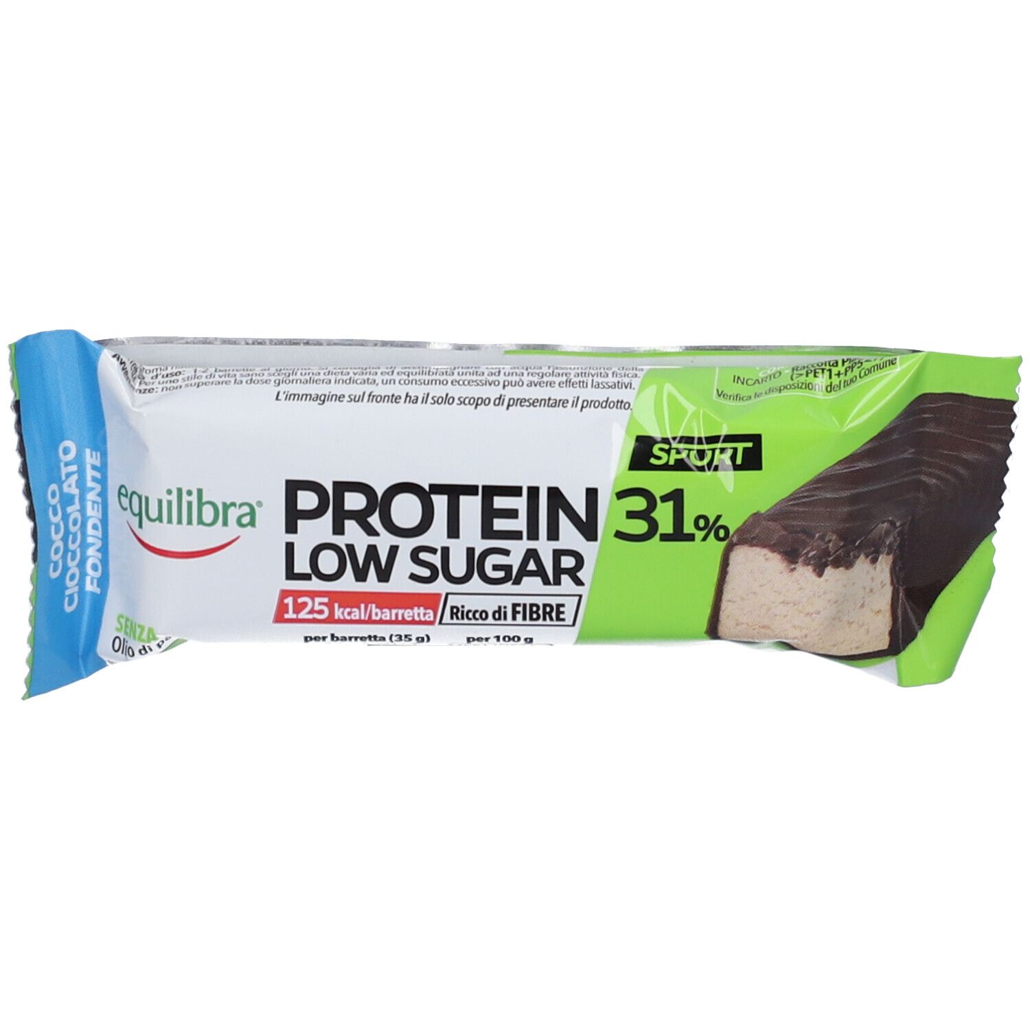 Proteinriegel mit dunkler Schokolade und Kokosnuss. Verpackung mit Produktinformationen. Sichtbar: Equilibra, Protein Low Sugar, 31%.