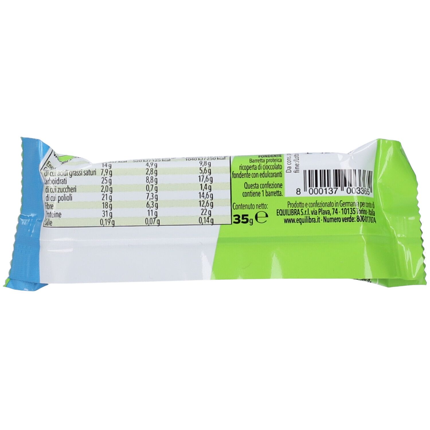 Rückseite der Proteinriegel-Verpackung. Enthält Nährwertangaben und Barcode. Gewicht: 35g. Marke: Equilibra.