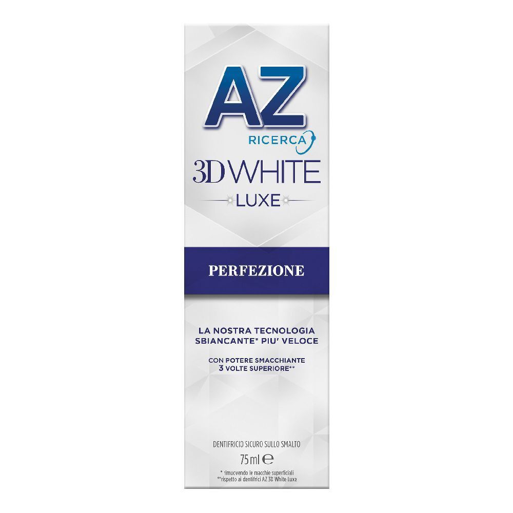Emballage de dentifrice AZ 3D White Luxe Perfection. Design blanc et bleu. Texte : Perfection.