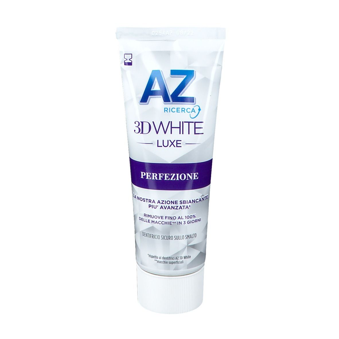 Tube de dentifrice AZ 3D White Luxe Perfection. Blanc, design bleu. Texte : Perfection.