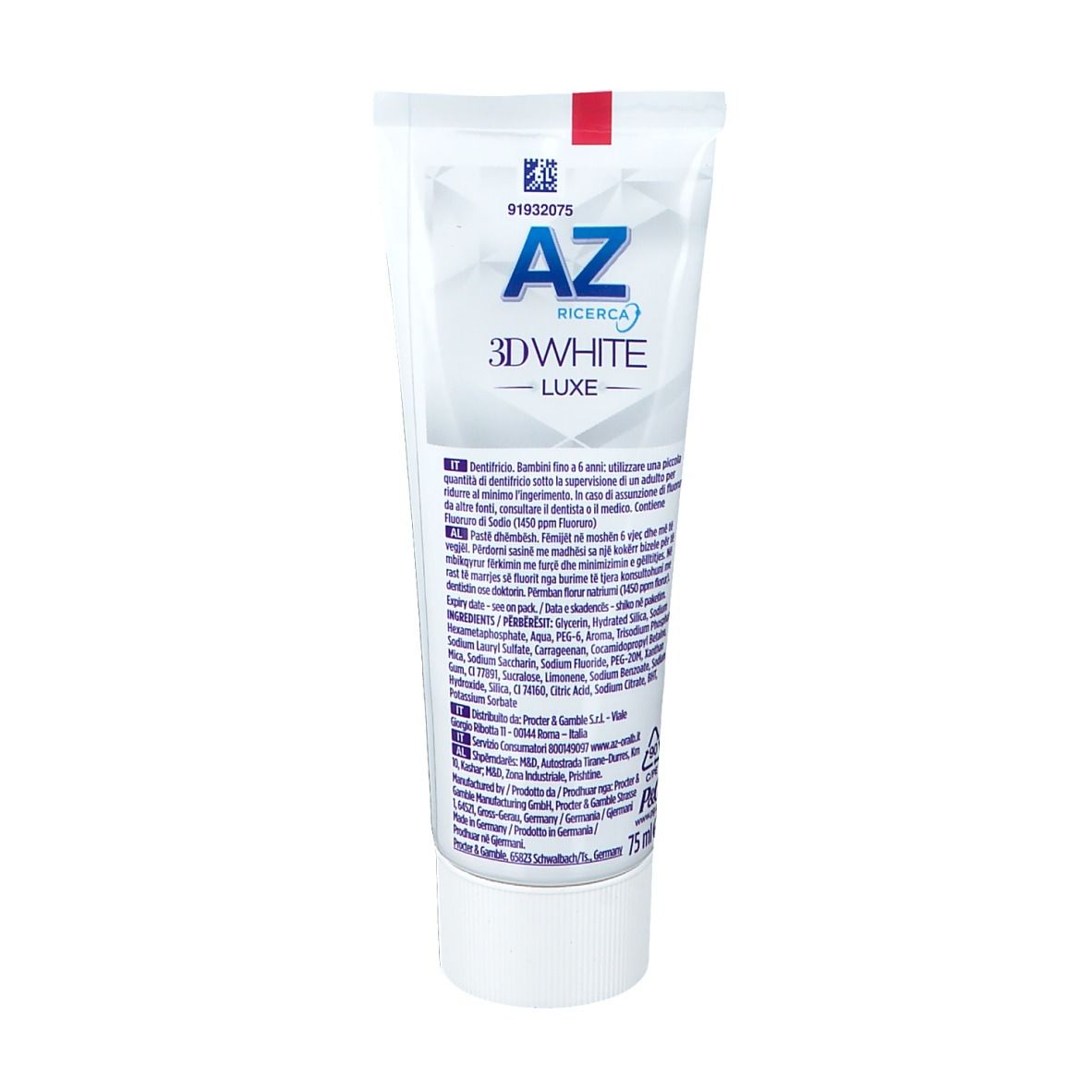 Tube de dentifrice AZ 3D White Luxe Perfection. Blanc, design bleu. Texte : Ingrédients et utilisation.