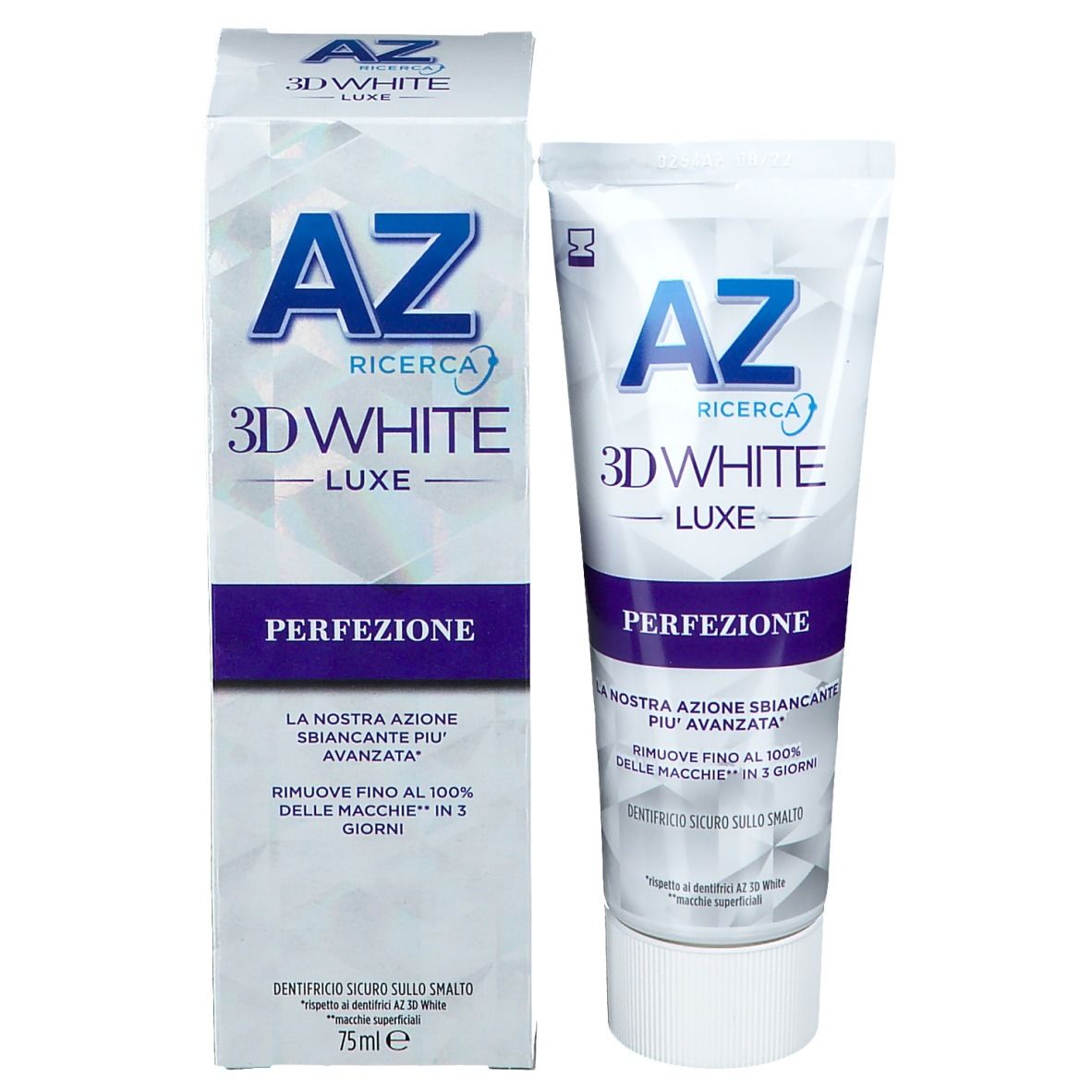 Tube et emballage de dentifrice AZ 3D White Luxe Perfection. Blanc, design bleu. Texte : Perfection.