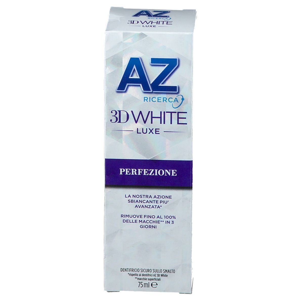 Emballage de dentifrice AZ 3D White Luxe Perfection. Blanc, design bleu. Texte : Perfection.