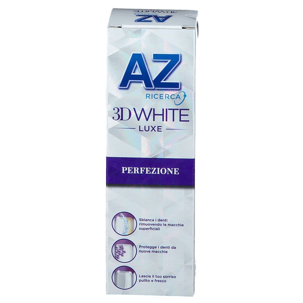 Emballage de dentifrice AZ 3D White Luxe Perfection. Blanc, design bleu. Texte : Perfection. Illustrations.