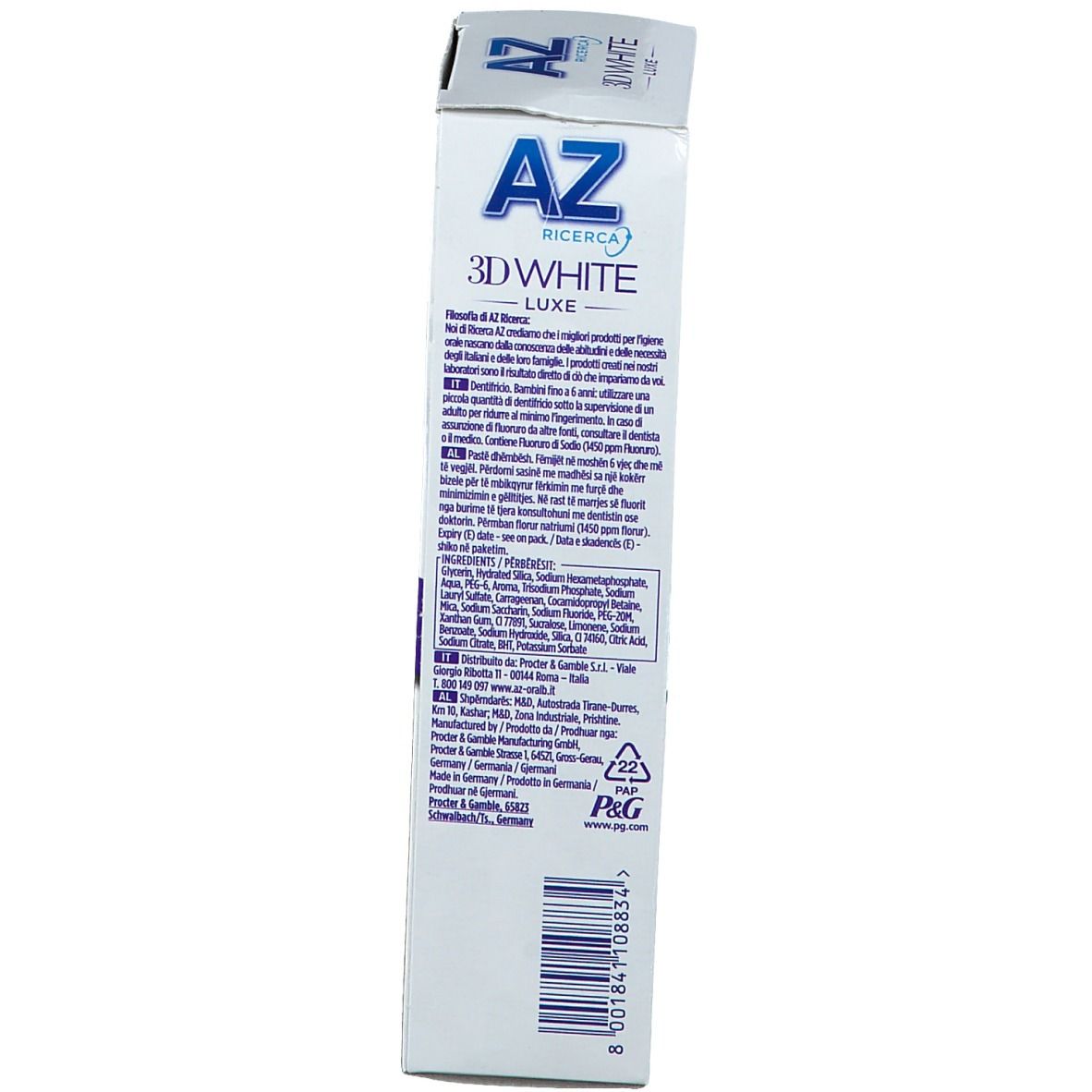 Emballage de dentifrice AZ 3D White Luxe Perfection. Blanc, design bleu. Texte : Ingrédients et fabricant.