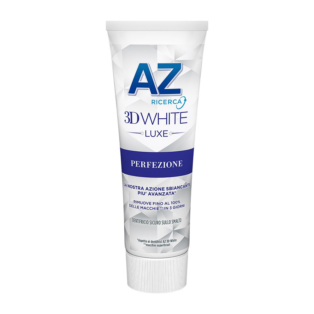 Tube de dentifrice AZ 3D White Luxe Perfection. Blanc, design bleu. Texte : Perfection.