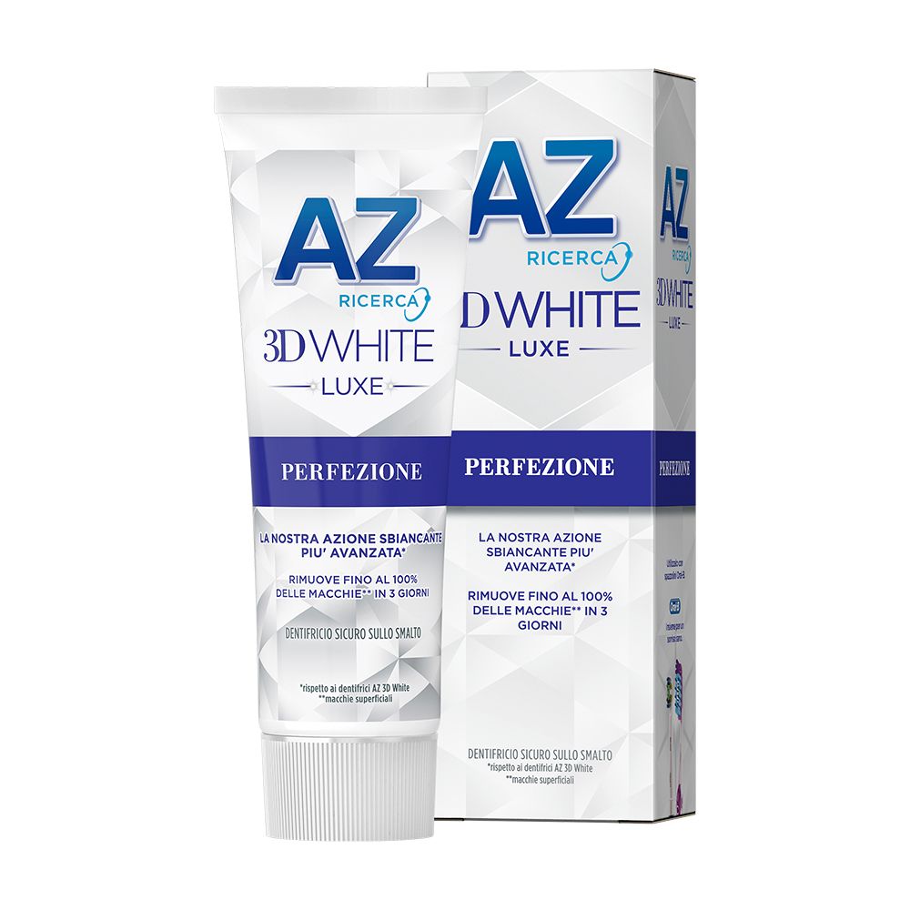 Tube et emballage de dentifrice AZ 3D White Luxe Perfection. Blanc, design bleu. Texte : Perfection.