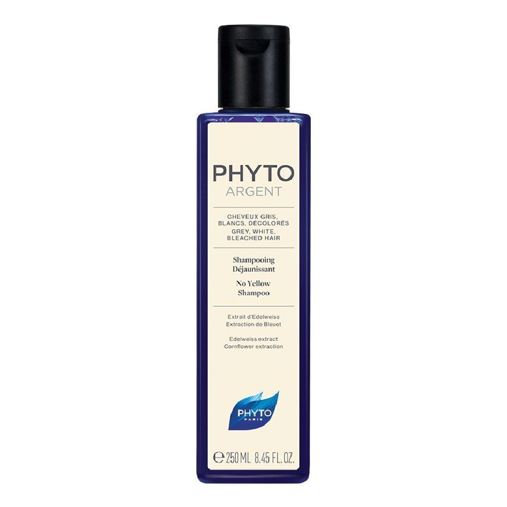 Flacon de shampooing PHYTOARGENT. Bouchon noir, flacon bleu avec texte blanc. Contenance 250 ml.